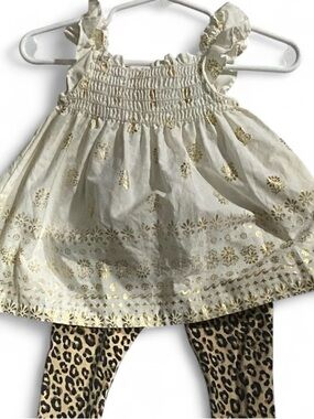 Penelope Mack Smocked Cream Top with Gold Foil Floral and Leopard Leggings